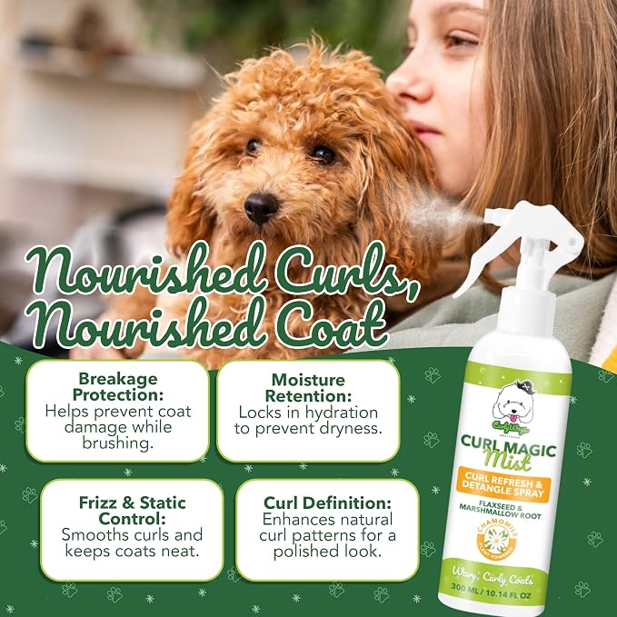 Dog Detangler & Curl Refresh Spray, Mat-Reducing Leave-in Conditioner for Curly Coats, Tangle-Free Dematting, Moisturizing No-Rinse Dog Grooming for Doodle, Poodle, Goldendoodle (Chamomile)