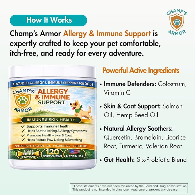 Allergy Relief for Dogs - Dog Itchy Skin & Dog Skin Allergies Treatment Chews with Natural Antihistamine, Colostrum, Salmon Oil, Probiotics for Seasonal Allergies Dogs - 120 Beef Flavor Soft Chews