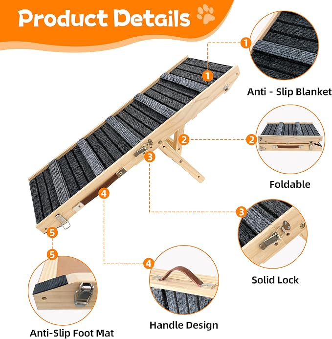 Dog Ramp for Bed-Non-Slip - Extra Wide Pet Ramp for Small Large Dogs to Get on Couch Car Wooden Foldable Dog Ramp Seamlessly Connects Platform -Hold up to 110 Pound-Adjustable, Foldable (S)