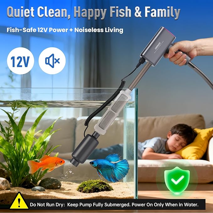 Cordless Aquarium Vacuum Gravel Cleaner: 36W Electric Rechargeable Fish Tank Cleaner with 4 Adjustable Suction, Anti-Clog for Debris Clean & Sand Washing,Automatic Water Changer for Small/Large Tank