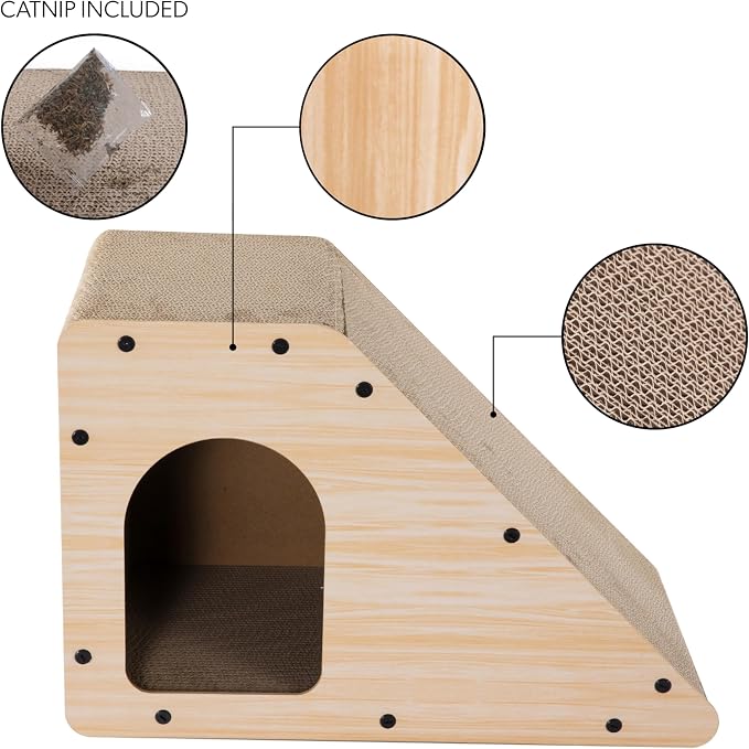 Kento 23.63" Modern Cardboard Cat Cave Scratcher with Catnip, Angled Trapezoid Hideaway House and Scratching Lounge for Indoor Cats, Oak Wood Finish CSR1008I