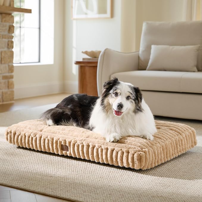 Bedsure ComfyFleece™ Plush XL Dog Bed, Extra Large Dog Crate Bed for Balanced Support, Cute Chopped Foam Pillow Pad with Removable Washable Cover, Non-Slip Waterproof Cozy Pet Mat, 41"x27" Sandy Beige