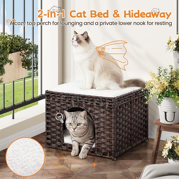 Snughome Handwoven Rattan Cat House - Indoor Foldable Cat Bed Cave with 2 Removable Bed Mats, Large Kitten House, Hideaway Pet Cube, 16.54 x 16.54 x 12.6 Inches, Brown, for Living Room & Bedroom