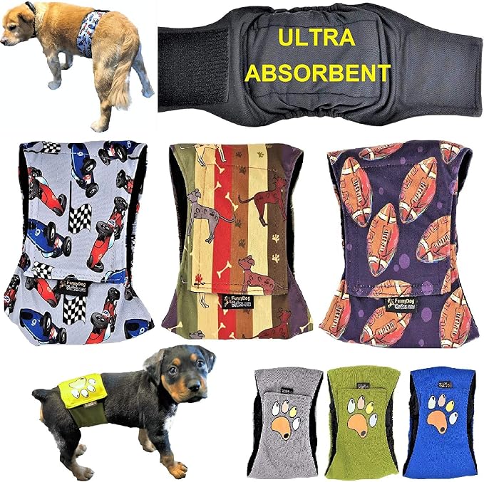 Pack of 3 Male Dog Diapers 4 - Layers of Absorbent Pads Waterproof Leak Proof Belly Band Wrap Washable (XL: Waist 20" - 26", Patterned)