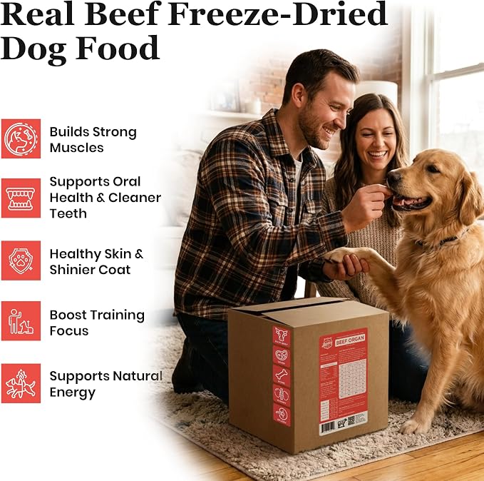 Freeze Dried Raw Beef & Organ Raw Dog Food, 80/10/10 Recipe with Beef, Organs & Ground Bone, High Protein Grain Free Freeze Dried Dog Food Topper for Dog's of All Life Stages, Made in USA, 3 Lb