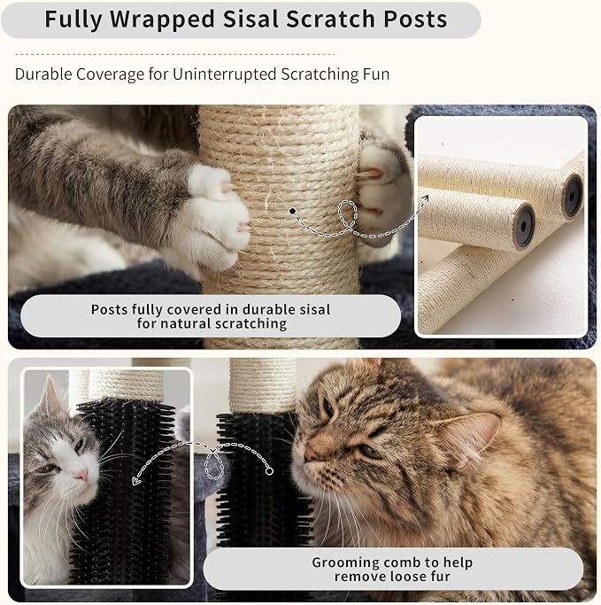 Heybly Cat Scratching Post, Small Cat Tree Tower with 3 Full Sisal Posts, Removable Plush Bed, Grooming Brush, Stable & Space-Saving Cat Furniture with Gentle Step for Indoor Cats, Smoky Gray HSP001SG