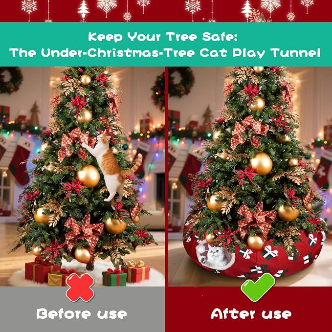 Cat Tunnel Bed Under Christmas Tree 3FT x 3FT x 9.8IN - Decorative Christmas Style with Box Patterns - Red Color Perfect for Festive Felines Small Animals