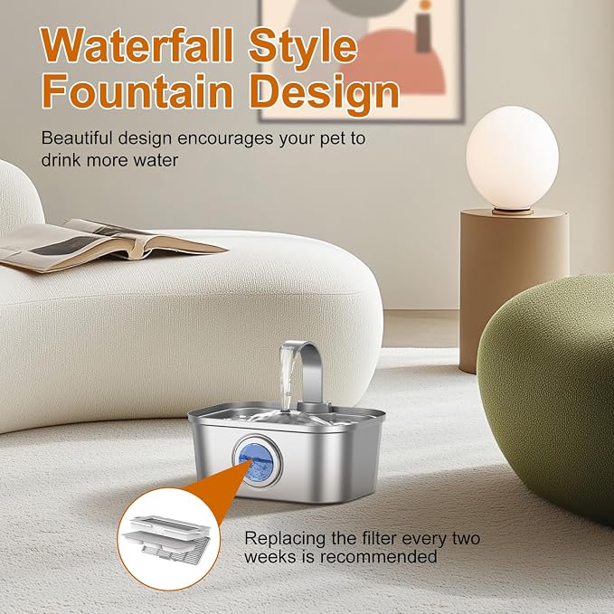 Bobo&Dragon 3.5L/124oz Stainless Steel Cat Water Fountain - Ultra-Quiet Automatic Pet Water Dispenser for Dogs & Cats, 6-Stage Filter, Smart Window & Anti-Dry Burn Pump (Includes 2+2 Filters)