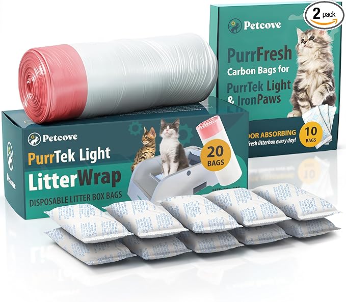 Petcove Cat Litter Box Liners, Carbon Litter Deodorizers Bundle For PurrTek Max & Light| Drawstring Bags for Automatic & Self-Cleaning Litter Boxes | Unscented (PurrTek Light Accessories)
