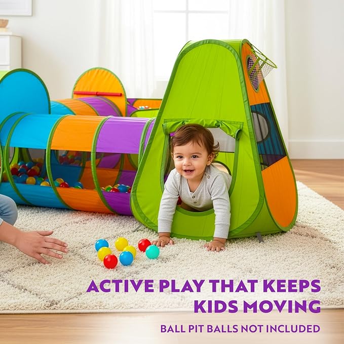 Playz 5-Piece Kids Pop up Play Tent Crawl Tunnel and Ball Pit with Basketball Hoop Playhouse for Boys, Girls, Babies, and Toddlers (Purple, Orange, Yellow, Red, Blue)