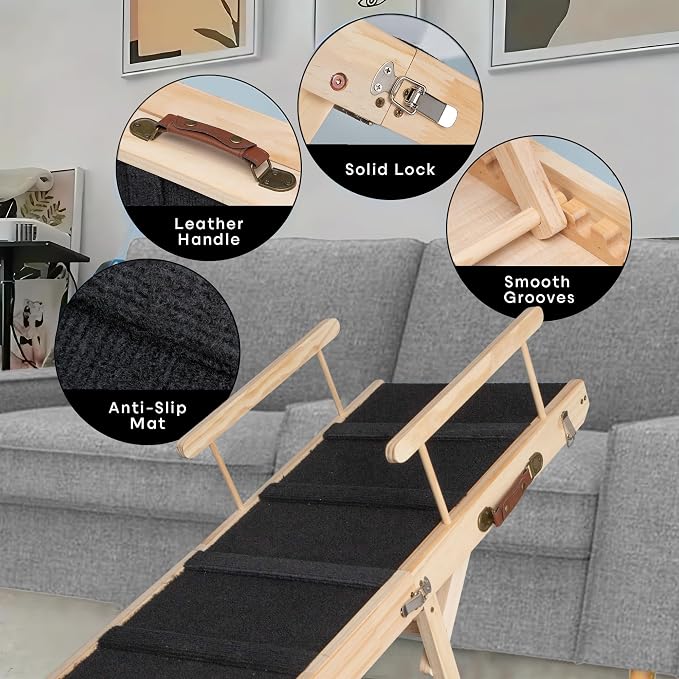 Wooden Dog Ramp for Bed and Couch, 4 Adjustable Heights Folding Pet Ramp with High Traction Fabric Surface, Portable Solid Pine Wood Dog Steps for Couch, Max 35KG (Medium)