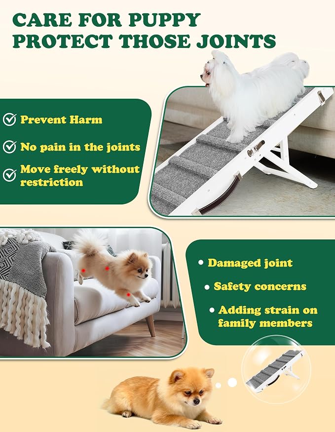 Dog Ramp Dog Stairs for Small Dogs Foldable Ramps with 4 Adjustable Heights from 7.48'' to 15.35" Wood Pet Stairs with Non Slip Carpet Portable Puppy Ramps for Couch, Sofa, Low Bed (White)