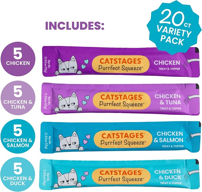 Catstages Purrfect Squeeze Lickable Wet Cat Treats, Creamy Purée Treat & Topper, Made with Real Chicken, Clean Ingredients, No Artificial Preservatives, 0.5 oz Tubes, 20-Count, 4-Flavor Variety Pack