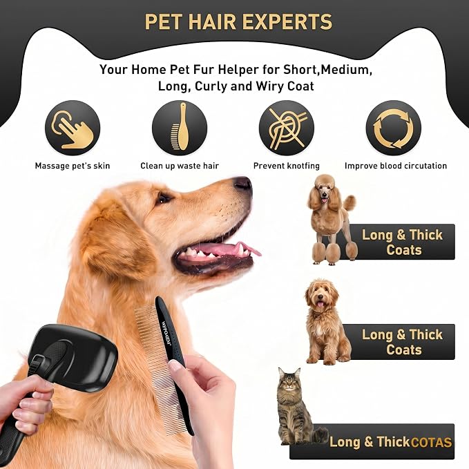 Self Cleaning Slicker Brush for Dog - 5 PCS Dog Brush Grooming Kit,Undercoat Rake Brush Comb for Small Large Dogs Cats, Dog Hair Brush Set, Grooming Deshedding at Home or Travel, Black