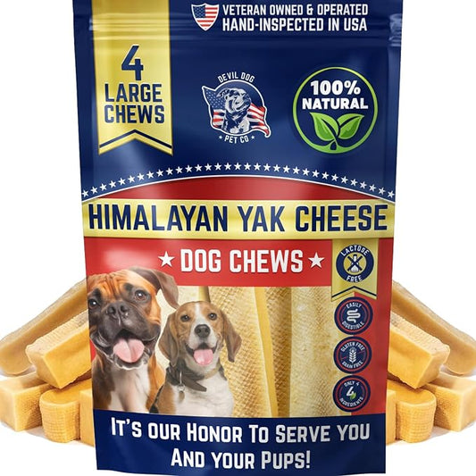 Devil Dog Pet Co. Himalayan Yak Cheese Dog Chews for Medium to Large Breeds & Aggressive Chewers - Long Lasting, Rawhide Free, High Protein - Cleaner Teeth, Anxiety & Boredom Relief - 4 Pack