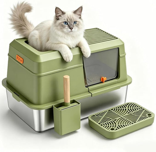 Extra Large Enclosed Stainless Steel Litter Box with Lid，Side Entry Top Exit High Sided Metal Cat Litter Pan，Non-Stick Easy Cleaning Anti-Urine Leakage for Big Cats，Includes Scoop & Step, Green