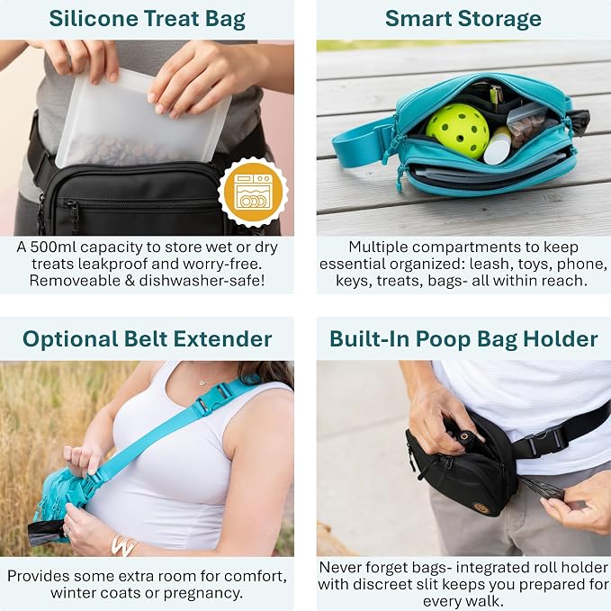 Auntie Sally's Bed & Biscuit Dog Treat Pouch with Adjustable Belt Extender, Hands Free Dog Walking and Training Pouch, Easy Clean Silicone Liner, Multiple Pockets