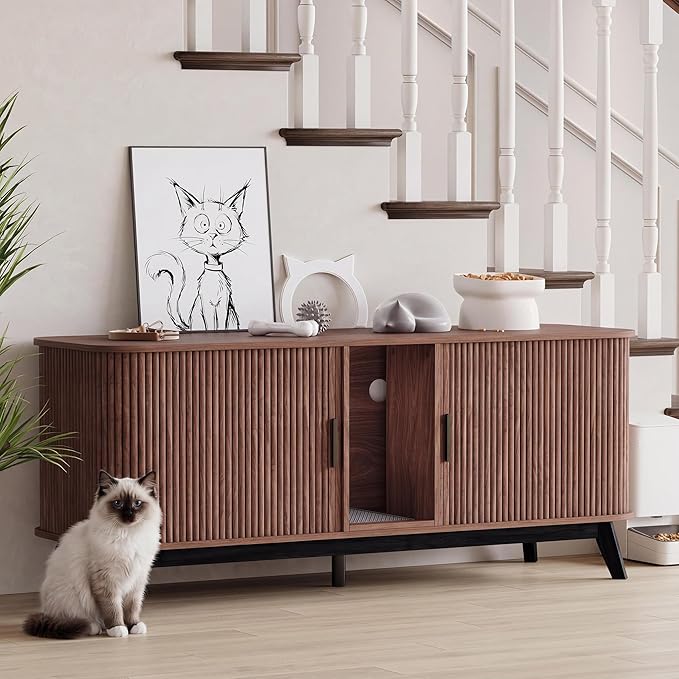 Garvee Cat Litter Box Enclosure for 2 Cats, 59" Hidden Litter Boxes Furniture with Sliding Door and Cat Litter Mat, Large Indoor Pet House, Wooden TV Stand Side Table, Walnut