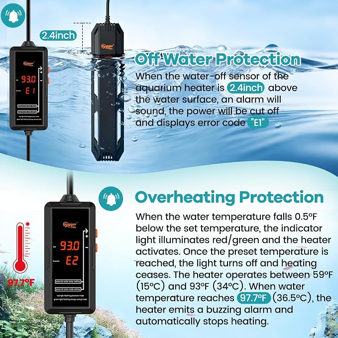 hygger Submersible Aquarium Heater, Adjustable Temperature Fish Tank Heater with Overheat & Dry Run Protection Alarm for Freshwater Saltwater Fish Tanks, 300W for 40-70 Gallon