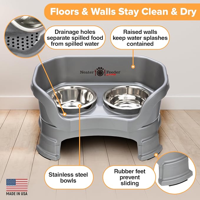 Neater Feeder Deluxe Mess-Proof Elevated Dog Bowls for Small Dogs (Up to 19 lbs), 2 Height Adjustable (6” & 7.5”) No-Spill Raised Dog Bowl Stand, Stainless Steel Food Bowl Set, Made in USA, Gunmetal