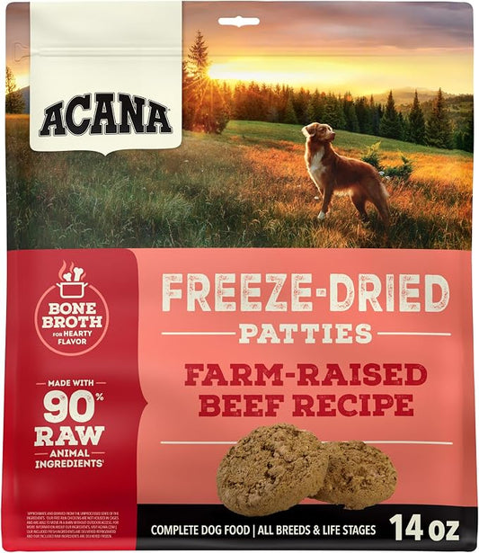 ACANA Grain-Free High Protein Freeze Dried Dog Food & Topper Ranch-Raised Beef Recipe Patties 14oz Bag