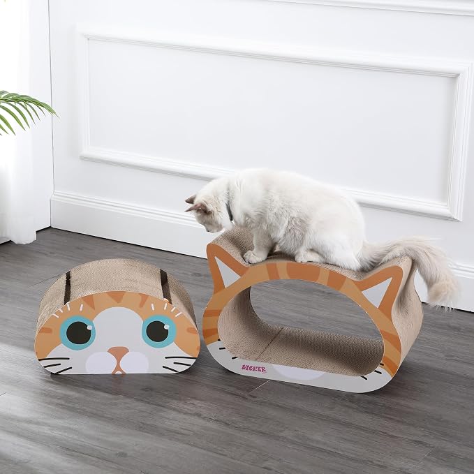 CSR1000C Opal 19" Modern Cardboard Happy Cat Head 2-in-1 Cat Cave Scratcher with Built-in Bell Toys and Catnip, Orange/Blue