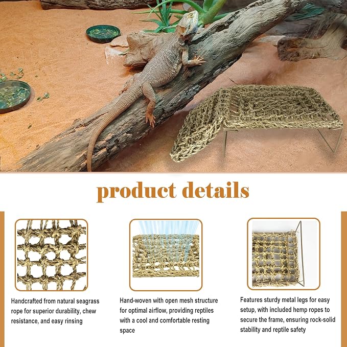 Bearded Dragon Hammock with Sturdy Metal Legs, Seagrass Reptile Basking Platform, Lizard Lounge Bed & Tank Decor for Geckos, Snakes, Hermit Crabs, Frogs