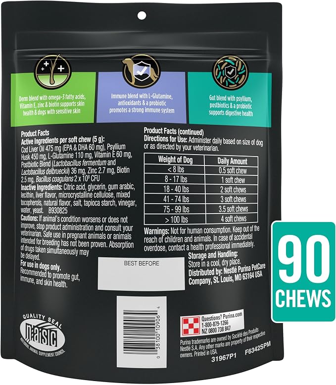 Purina Pro Plan Veterinary Supplements Multi Care Canine Chews for Dogs, with Omega 3, Supports Skin, Immune and Gut Health - 90ct Pouch