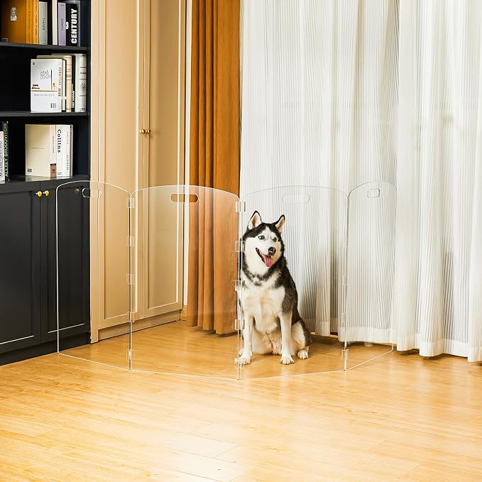 Modern Frame Clear Acrylic Freestanding Dog Gate - 32" Tall Extra-Wide Folding 4-Panel Pet Barrier for Doorways, Stairs & Large Openings, Indoor Fence for Small to Large Dogs & Cats