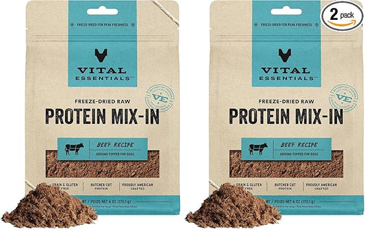Vital Essentials Freeze Dried Dog Food Topper,Raw Beef Ground Topper for Dogs | Complete Meal or-Topper | High Protein,Grain Free Dry Dog Food Mix-in-| 6 oz Bag,(Pack of 2)