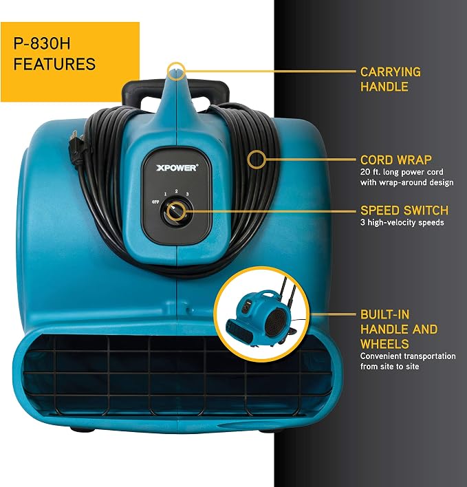 XPOWER P-830H Pro 1 HP 3600 CFM Centrifugal Air Mover, Carpet Dryer, Floor Fan, Blower, Telescopic Handle and Wheels, for Water Damage Restoration, Janitorial, Plumbing, Home Use