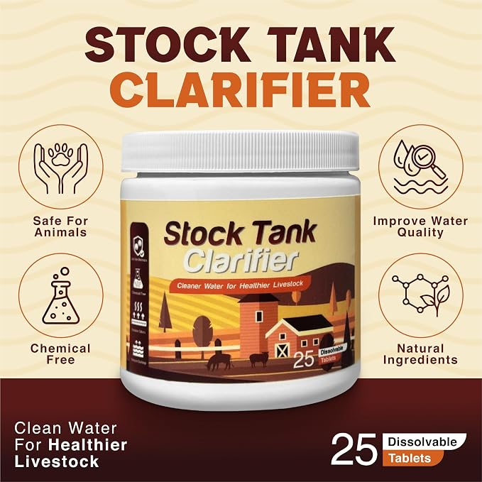 Stock Tank Clarifier - Improves Livestock Water by reducing buildup and Creating Healthier Water troughs. Safe for Horses, Cattle, Sheep, Goats & Chickens. (Tablet, 25, Count)