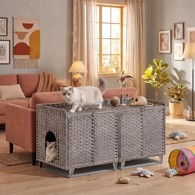 Garvee Handwoven Rattan Cat Litter Box Enclosure Furniture, Hidden Cat Washroom Cabinet with Door and Mat, Spacious Pet House with s-Hooks, for Living Room and Bedroom