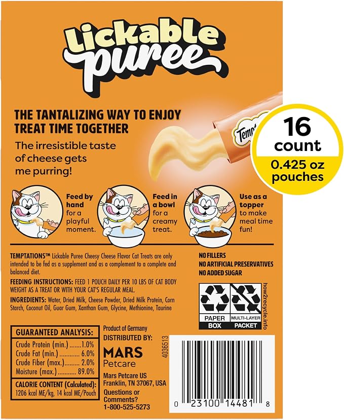 Temptations Creamy Puree Squeezable Lickable Cat Treats, Wet Cat Treats with Cheese, 0.42 oz. Tubes, 16 Count