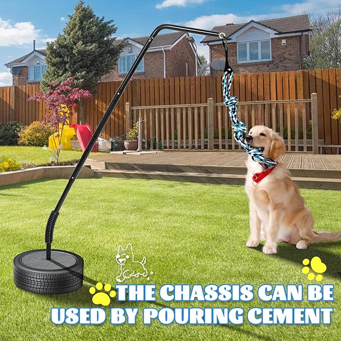 360° Rotating Dog Spring Pole Tug Toy for Medium Large Dogs, Outdoor Adjustable Height Dog Tug of War Toy with Reinforced Spring, Durable Chew Rope, 2 Replacement Toys & 4 Ground Stakes