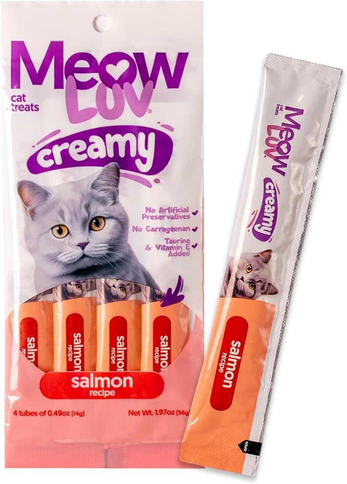 Ultra Chewy Meow Luv Lickable Cat Treats - Salmon Flavor Squeeze Tubes - Carrageenan Free, No Artificial Preservatives -Prebiotic Fiber, L-Taurine & Milk Thistle - 0.5 oz Tubes, Pack of 10