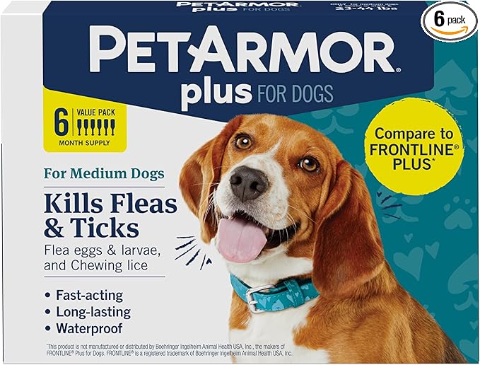 PetArmor Plus Flea and Tick Prevention for Dogs, Medium Dog Flea and Tick Treatment, 6 Doses, Waterproof Topical, Fast Acting (23-44 lbs)
