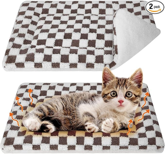 VitalCozy 2 Pack Self Warming Cat Mat Self Heating Pad Bed Reversible Machine Washable Reflects Body Heat Warm Thermal Pet Pad Crate Blanket for Feral and Indoor Cat(Dark Brown,21" X 14",Plaid)