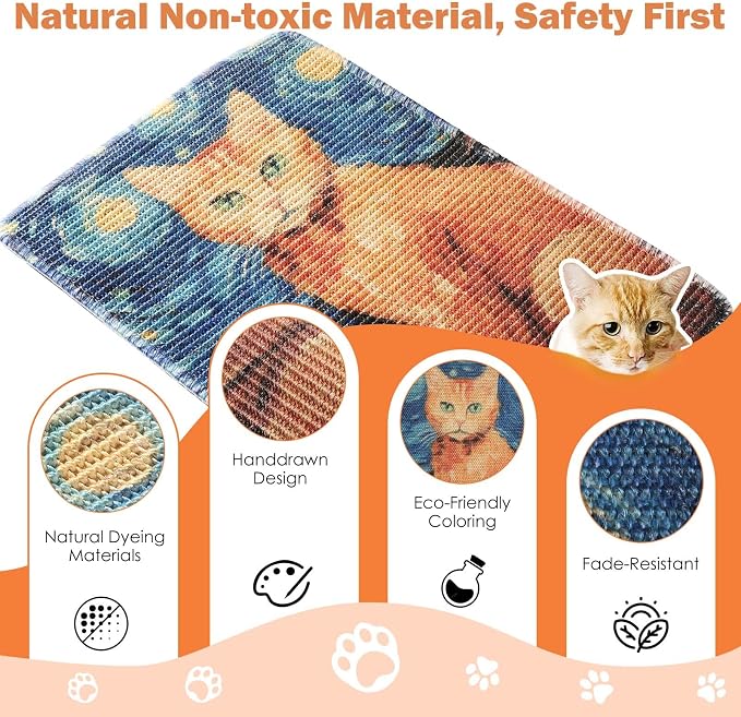 3-in-1 Sisal Cat Scratch Mat 23.6x15.7'' Floor & Wall Cat Scratcher Pad, Protects Carpet Couch & Furniture with Sticker Tape, Anti-Slip, Durable for Indoor Outdoor Cats (Ginger Cat Under The Stars)
