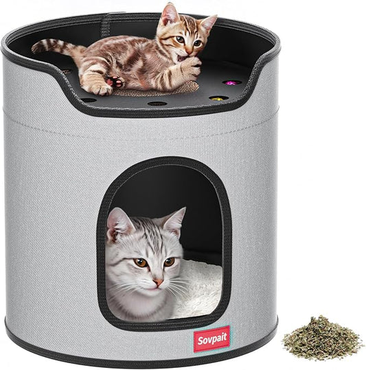 Cat House for Indoor Cats Large Double Cat Beds Cave with Cat Scratcher Pad Toys w/Catnip,Soft Washable Cushion Cat House Shelter D15xH15in Grey (Cardboard Cat Scratcher)