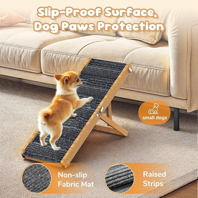 Pawaboo Foldable Dog Ramp, Small Dog Ramp for Couch, 4 Adjustable Height from 13'' to 21", Stable Pet Steps with Non-Slip Pad, Portable Pet Ramps Use for Couch Sofa Stairs, Walnut
