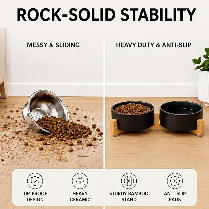 SPUNKYJUNKY Ceramic Dog and Cat Bowl Set with Wooden Stand, Modern Cute Weighted Food Water Set for Small Size Dogs (13.5OZ) & Medium Sized Dogs (28.7OZ) & Cats (1.7 Cups, 2 × Black)