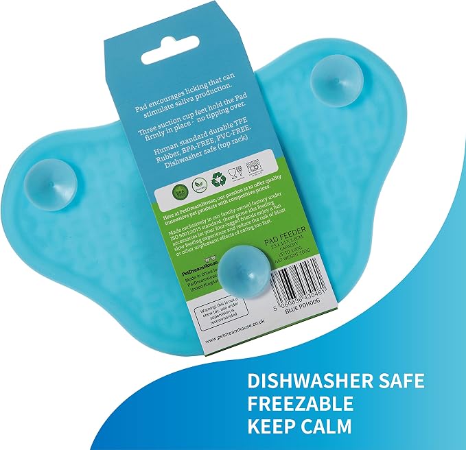 PetDreamHouse Lick Paw Pad & Slow Feeder for Dogs, Anti-Boredom, Distraction Mat, Reduces Anxiety w/Stress-Relief Stimulating Licking, Suction Cups on Back, Ideal for Puppies, Dogs & Cats, Blue