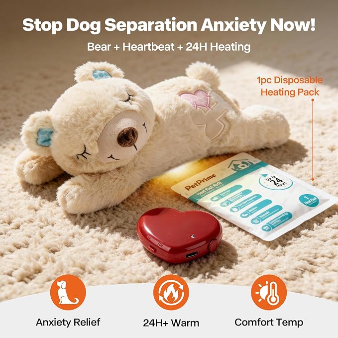 PetPrime Dog Plush Toy with Heartbeat for Puppies – Rechargeable with Timer & Adjustable Speed, Pet Soft Anxiety Puppy Toy,Includes 1 Disposable Heat Pack(Bear)