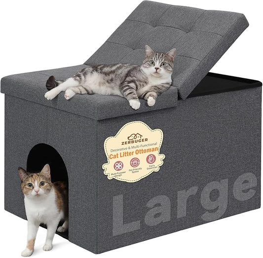 Cat Litter Box Enclosure Furniture for Odor Control, Hidden Cabinet Cat Litter Box Furniture Ottoman with Flip-Up Lid,Cats Litter Box Bench with Storage Space, Dog Proof (Grey, Large)