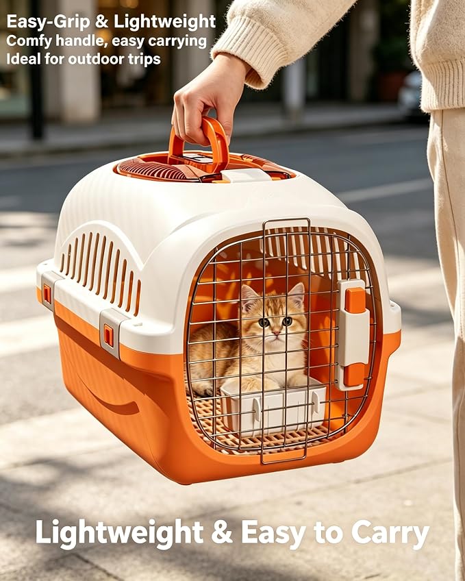 Cat Carrier Airline Approved, Portable Pet Travel Crate with Anti-Stress Design for Cats & Small Dogs, Car Safe Kennel with Top Window (Orange)