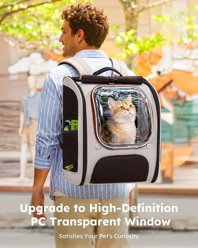 Pecute Cat Backpack Carrier,Large Space Cat Bubble Backpack,Ergonomic,Khaki | Color Blocking,Sunshade curtain,Folding bowl,Transparent window,Sturdy,Large mesh on both sides for breathability