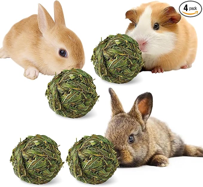Hamiledyi 4 Pcs Rabbit Chew Ball Timothy Grass Ball Small Animal Activity Play Chew Toys Teeth Grinding for Bunny Rabbits Hamster Guinea Pigs Gerbils Chinchillas