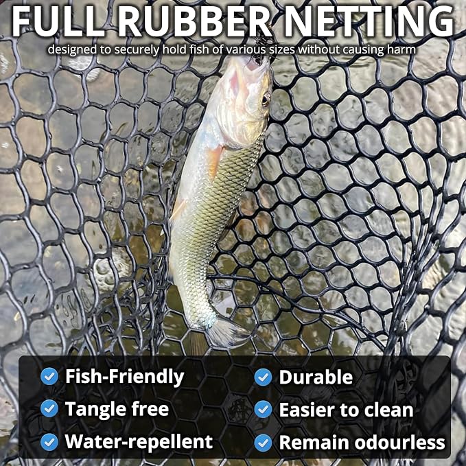 High Strength Large Landing Net - Rubber Fishing Net with Long Telescoping Handle & Soft Rubber Netting, Landing Nets for Fishing, Ideal for Boat, Pier, River Angling