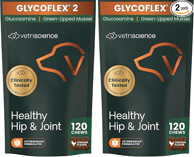 VetriScience Healthy Hip & Joint Chews, GlycoFlex Glucosamine and Green-Lipped Mussel Joint Support Supplement for Dogs, Promote Mobility and Protect Joints, Chicken, 120 Count (Pack of 2)
